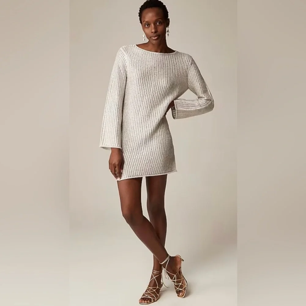 NWT J. Crew Collection Metallic Open Weave Long Sleeve Sweater Dress in‎ Silver.